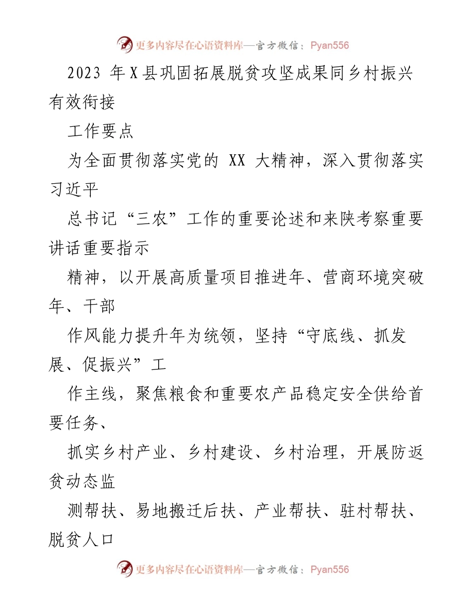 [工作要点] 乡村振兴会议 - 2023年X县脱贫攻坚成果巩固与乡村振兴有效衔接工作要点.docx_第1页