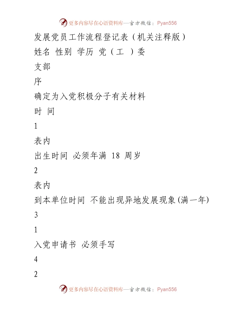 [工作流程说明] 党员发展 - 党员发展工作流程登记表（机关注释版）.docx_第1页
