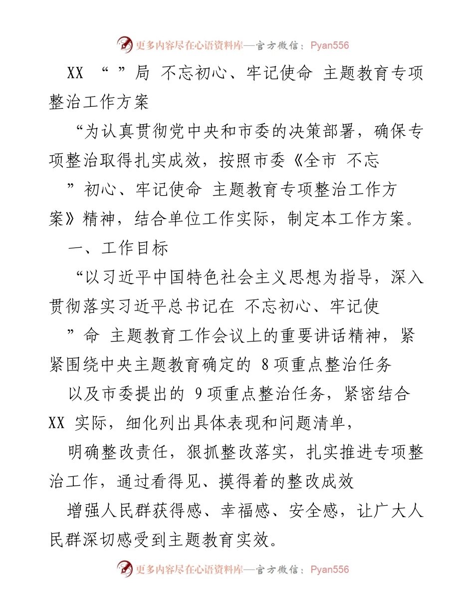 [工作方案] 主题教育 - 不忘初心、牢记使命专项整治工作方案.docx_第1页