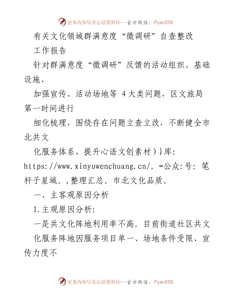 [工作报告] 文化满意度调研 - 提升市北文化服务体系的整改措施.docx_第1页