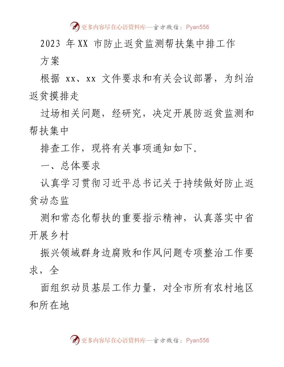 [工作方案] 防止返贫监测 - 2023年XX市防止返贫监测与帮扶集中排查工作方案.docx_第1页