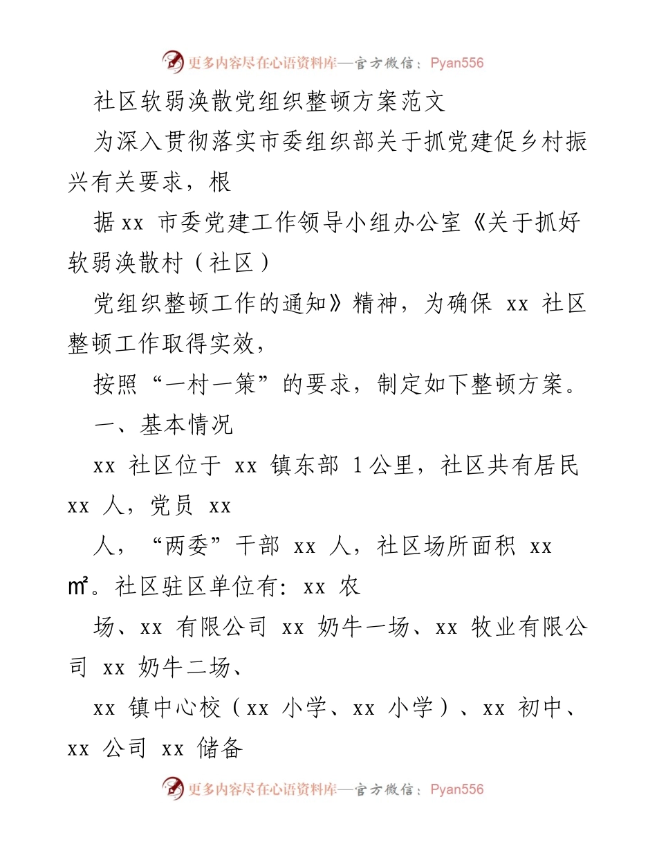 [工作方案] 社区党组织整顿 - 社区软弱涣散党组织整顿方案实施方案.docx_第1页