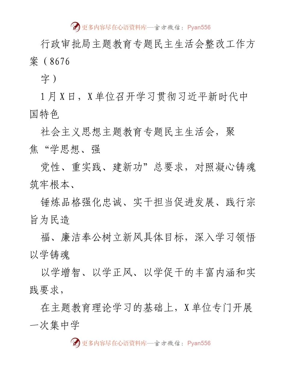 [工作方案] 主题教育专题民主生活会 - 行政审批局整改工作方案_1.docx_第1页