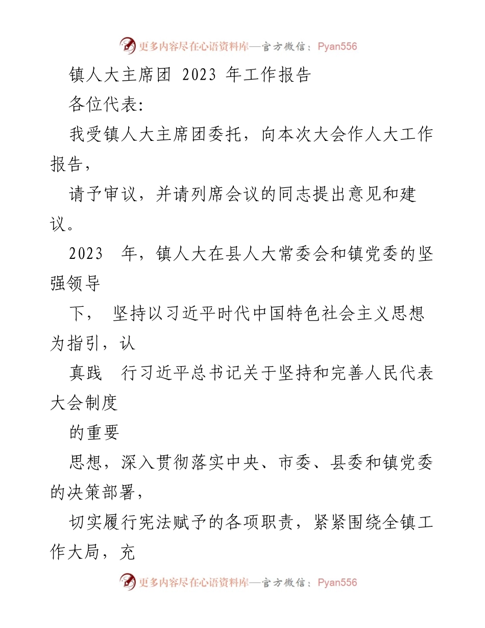 [工作报告] 镇人大会议 - 2023年镇人大主席团工作报告_1.docx_第1页