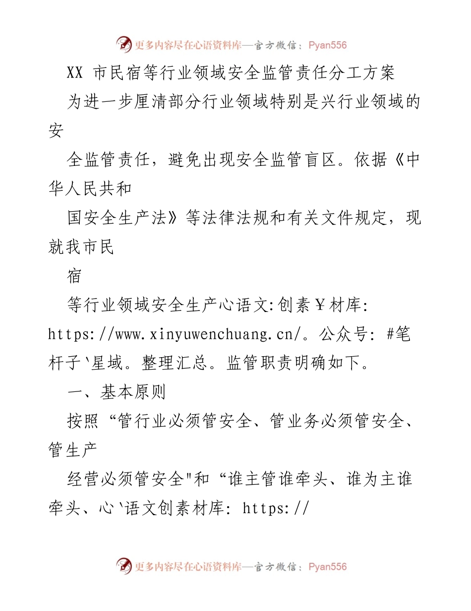[工作方案] 安全监管 - XX市民宿及相关行业安全监管责任分工方案.docx_第1页