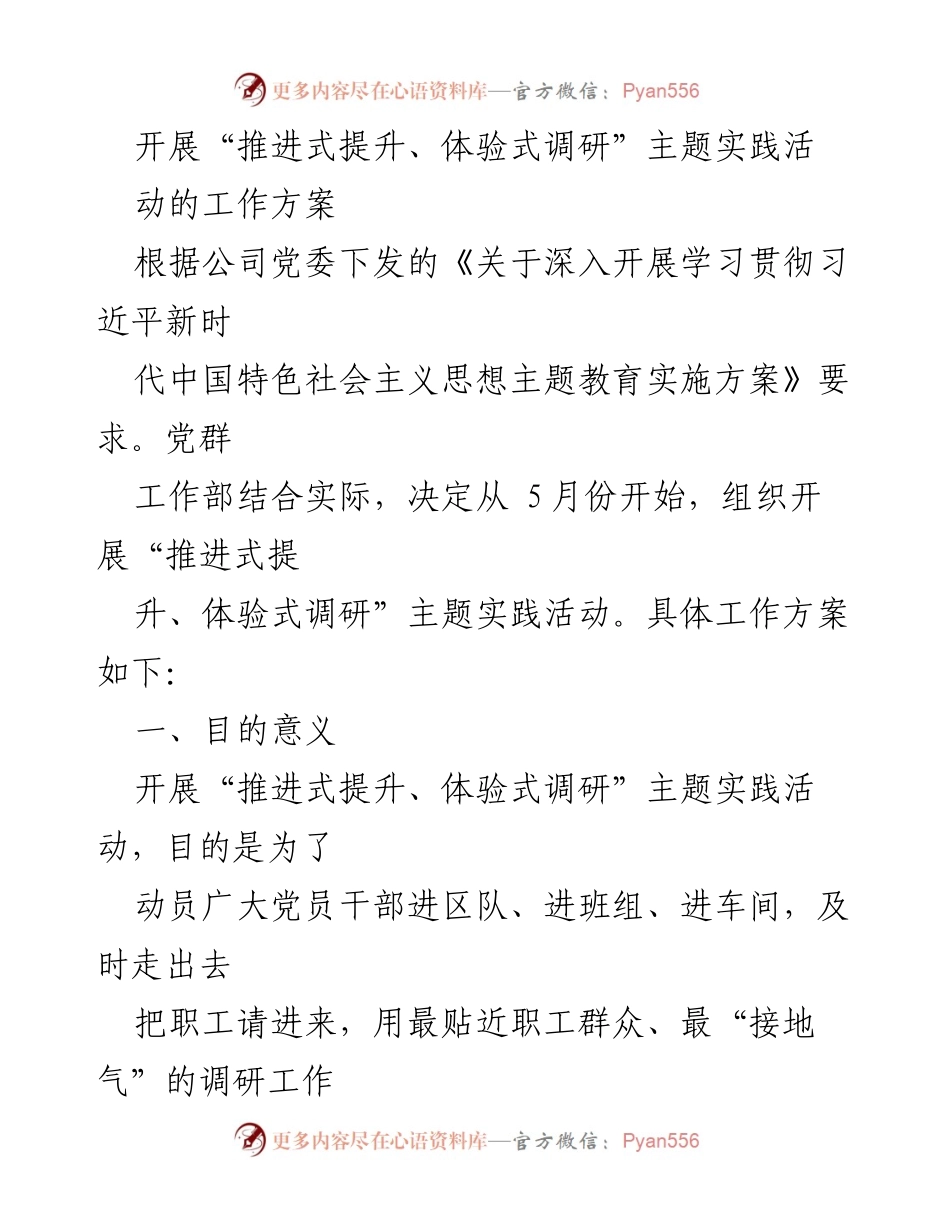 [工作方案] 主题实践活动 - “推进式提升、体验式调研”主题实践活动工作方案.docx_第1页