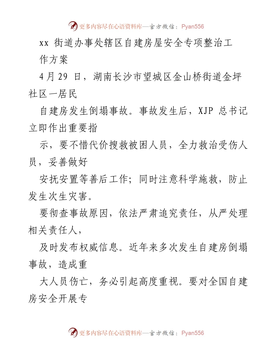 [工作方案] 自建房屋安全整治 - 全面排查自建房屋安全隐患，确保人民生命财产安全.docx_第1页