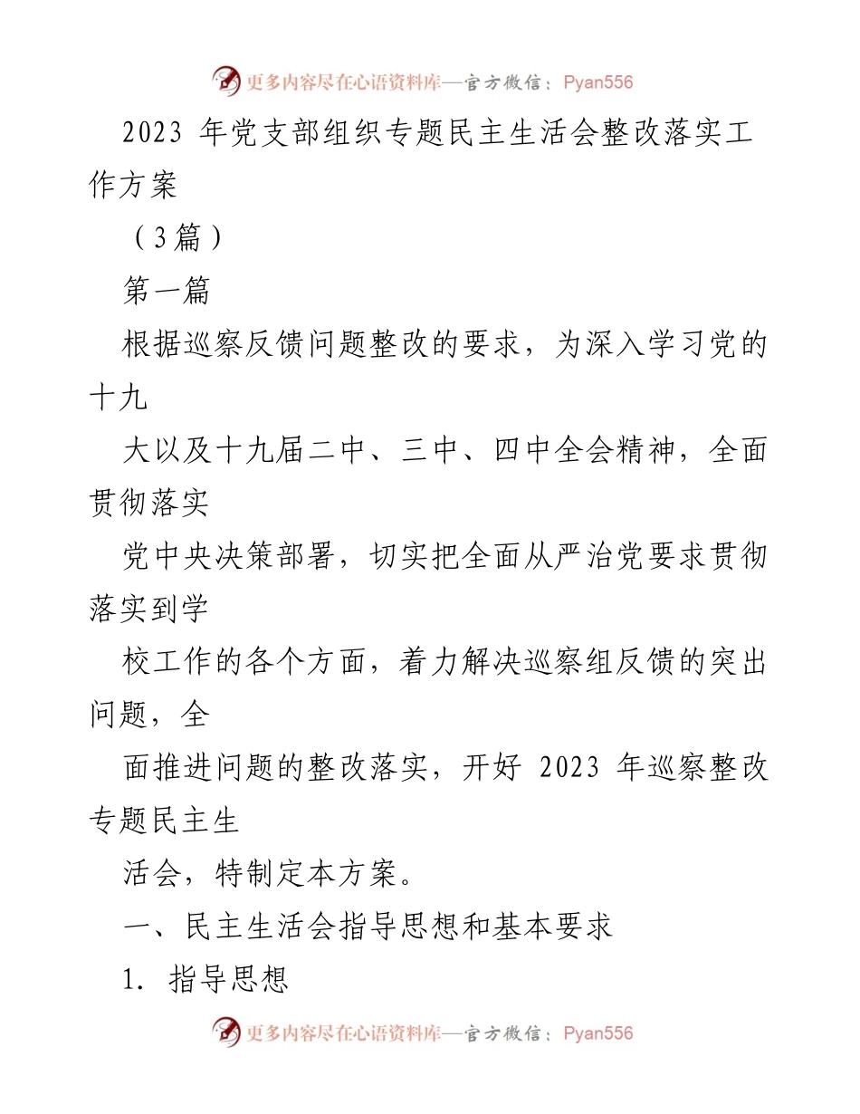 [工作方案] 党支部 - 2023年专题民主生活会整改落实工作方案.docx_第1页