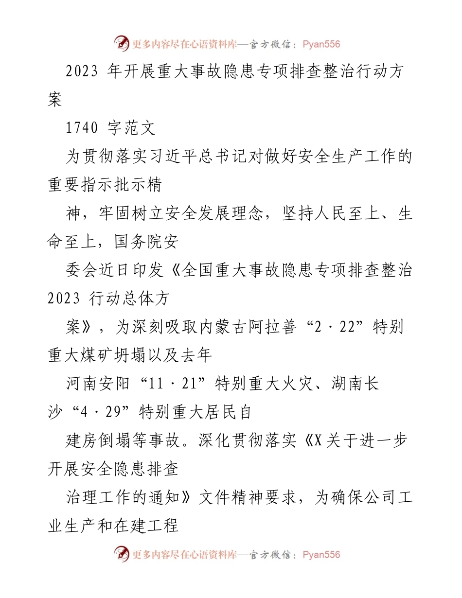 [工作方案] 安全生产 - 2023年重大事故隐患专项排查整治行动方案_2.docx_第1页