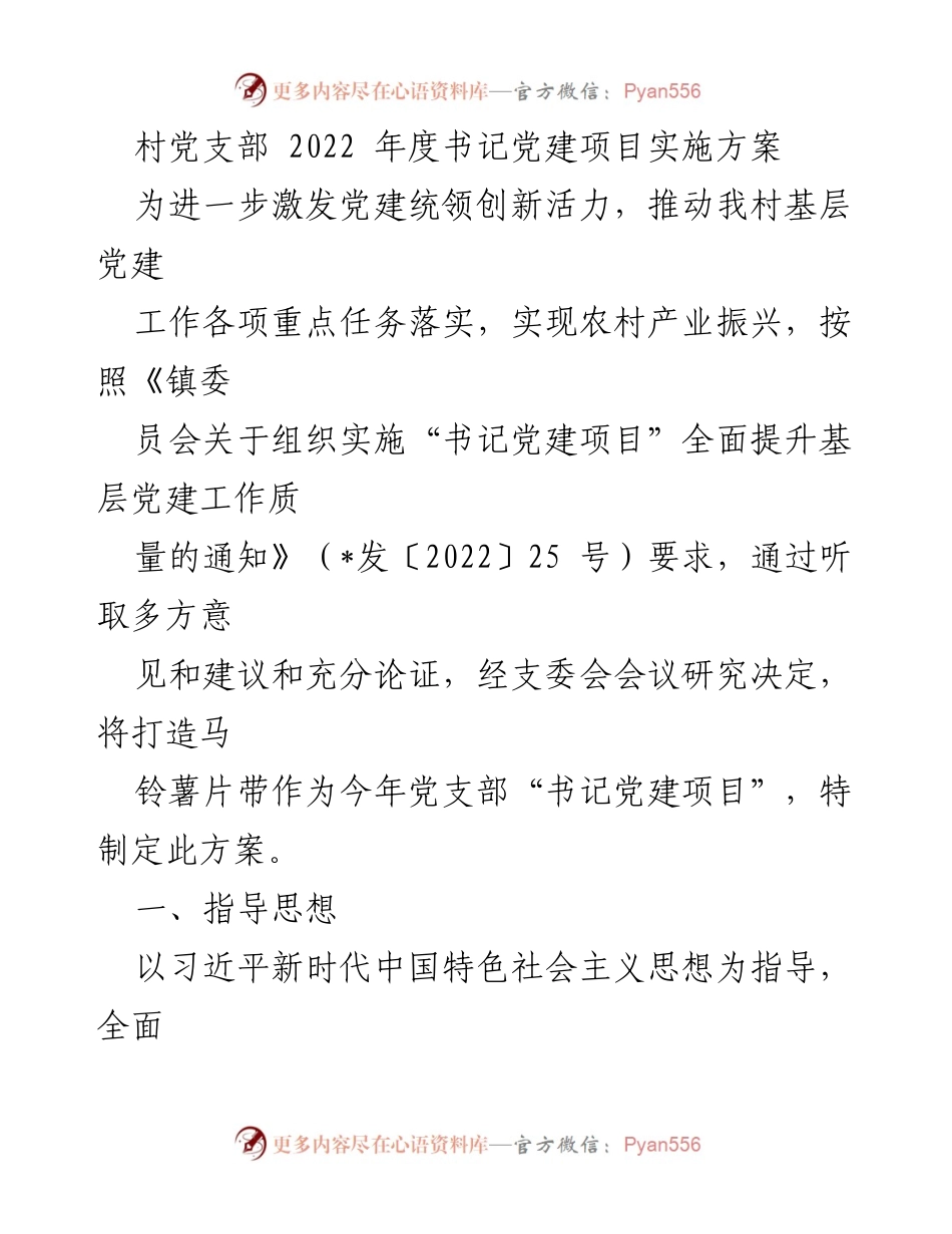 [工作方案] 村党支部 - 2022年度书记党建项目实施方案.docx_第1页