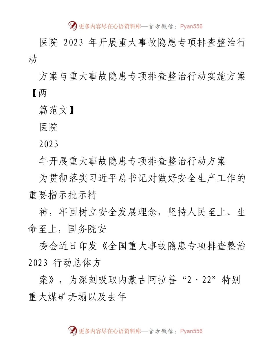 [工作方案] 医院安全管理 - 2023年医院重大事故隐患专项排查整治行动方案.docx_第1页