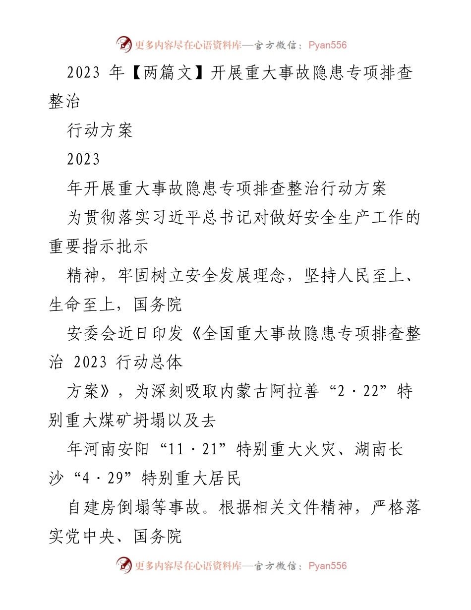[工作方案] 安全生产检查 - 2023年重大事故隐患专项排查整治行动方案.docx_第1页