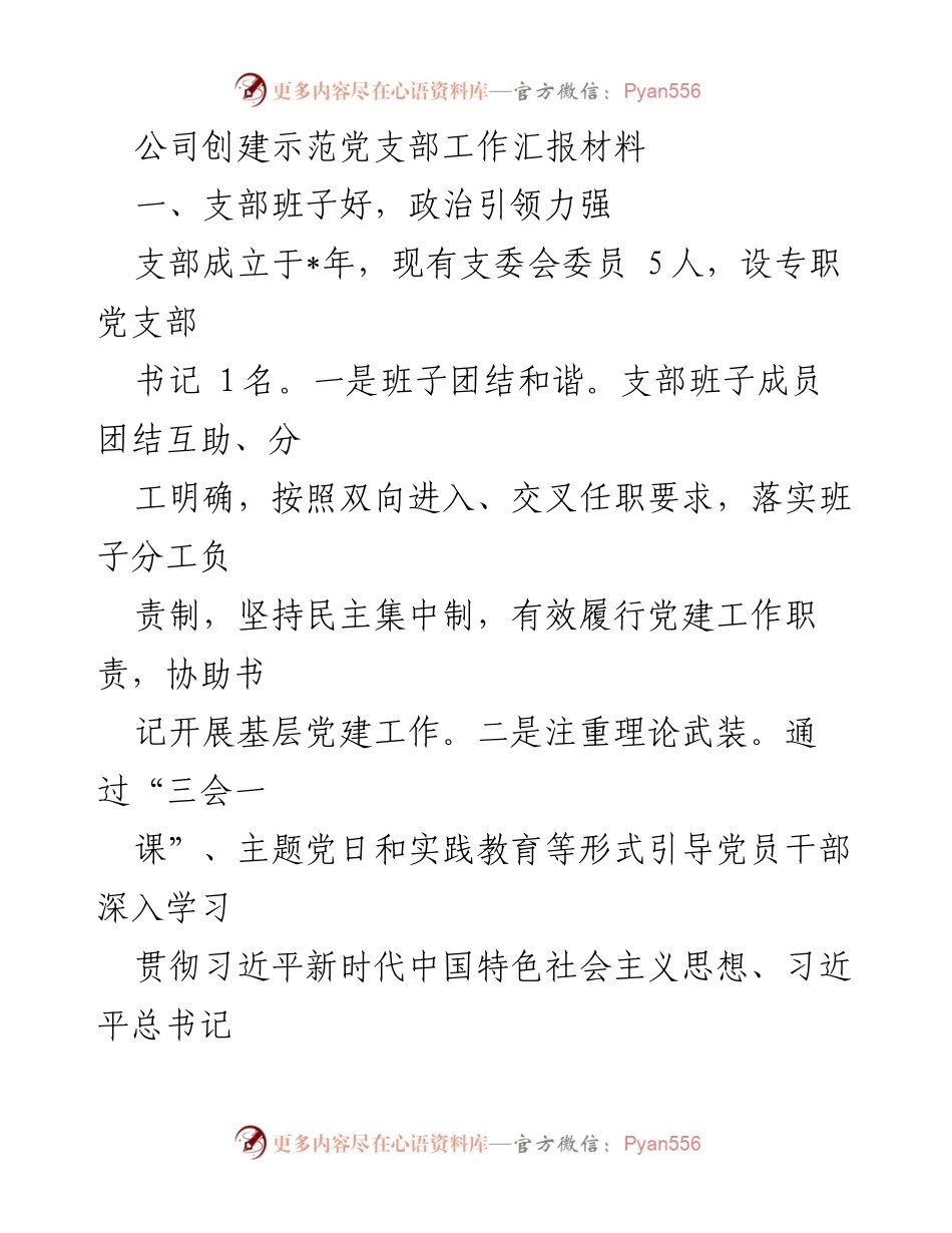 [工作汇报] 党支部创建 - 公司示范党支部工作汇报材料.docx_第1页