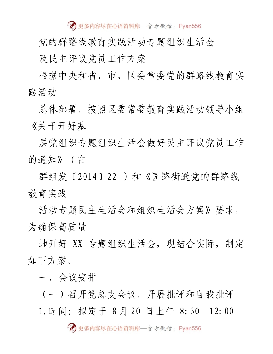 [工作方案] 党的群路线教育实践活动 - 党的专题组织生活会及民主评议党员工作方案.docx_第1页