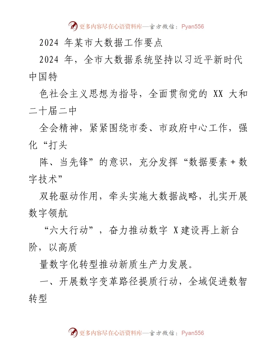 [工作要点] 大数据工作会议 - 2024年某市大数据工作要点与实施策略.docx_第1页