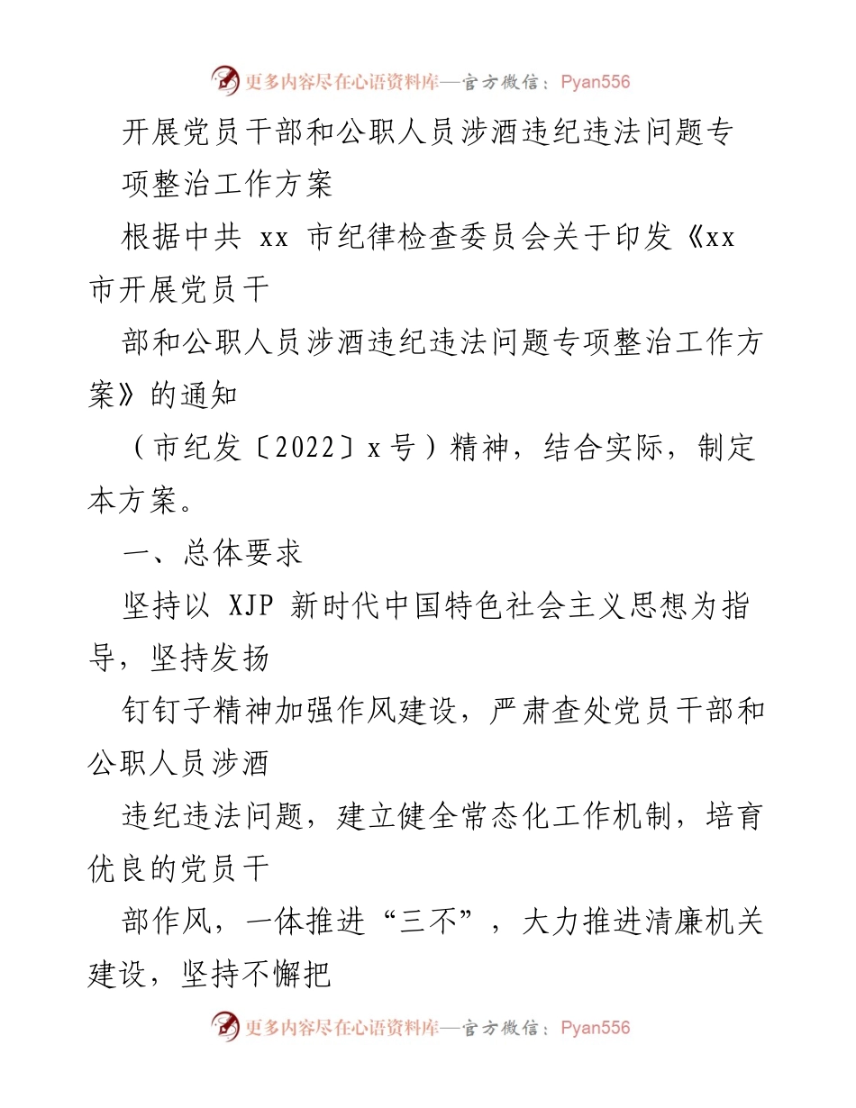 [工作方案] 纪律检查 - 党员干部和公职人员涉酒违纪违法问题专项整治工作方案.docx_第1页