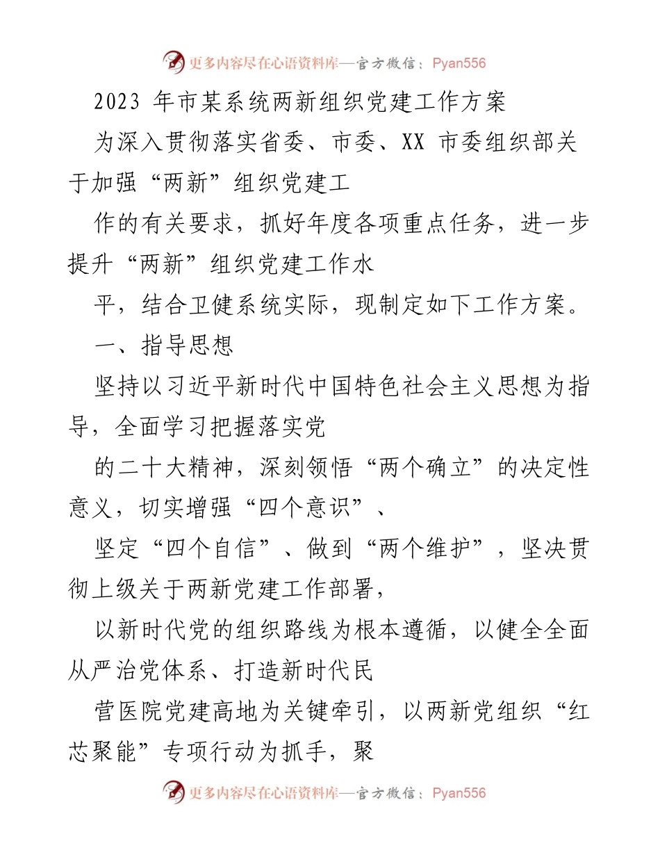 [工作方案] 党建工作 - 2023年市某系统“两新”组织党建工作方案.docx_第1页