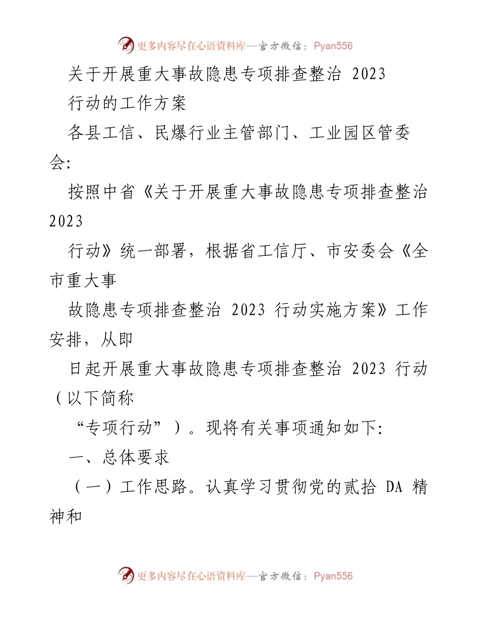 [工作方案] 安全生产 - 开展重大事故隐患专项排查整治2023行动工作方案.docx_第1页