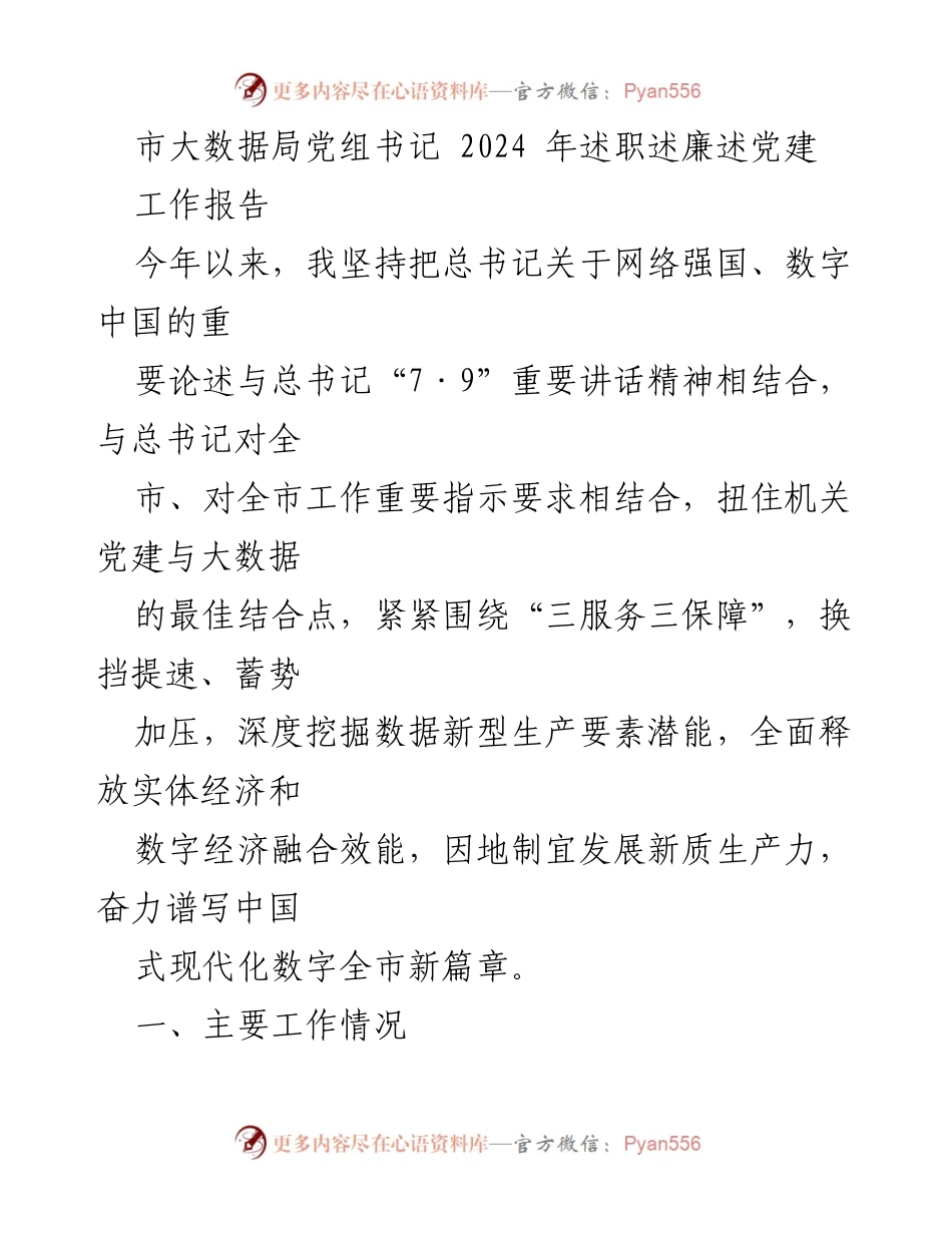 [工作报告] 述职述廉 - 2024年市大数据局党组书记述职报告：推动机关党建与大数据深度融合.docx_第1页
