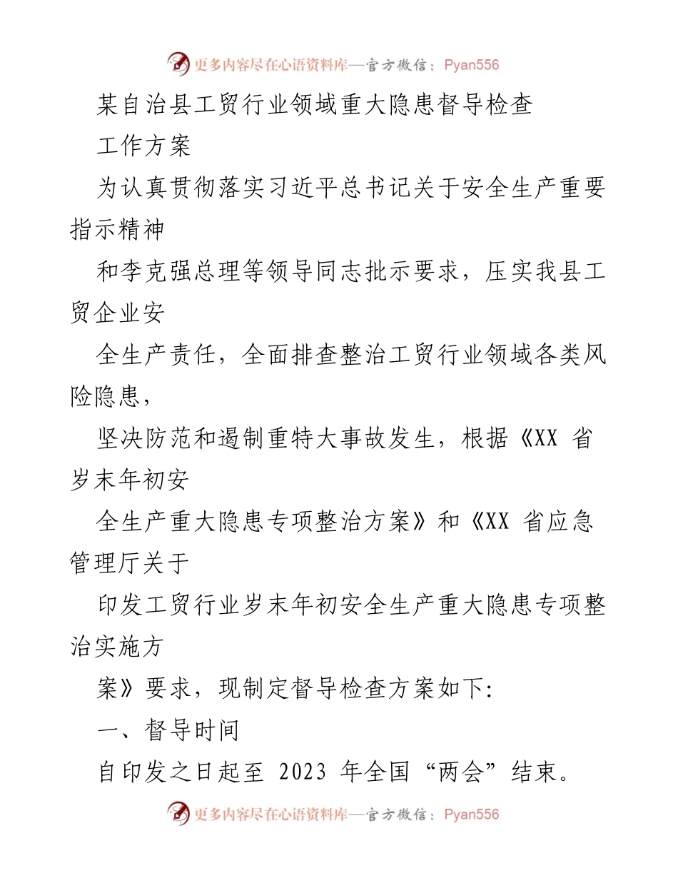 [工作方案] 安全生产督导检查 - 自治县工贸行业重大隐患督导检查工作方案.docx_第1页