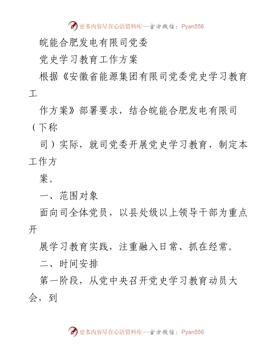 [工作方案] 党史学习教育 - 皖能合肥发电有限司党史学习教育工作方案.docx_第1页