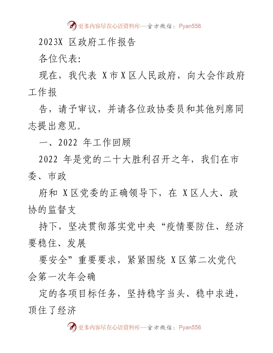 [工作报告] 政府年度大会 - 2023年X区政府工作报告.docx_第1页
