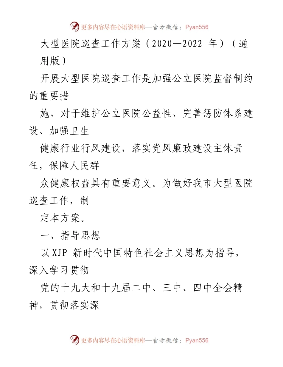 [工作方案] 医疗巡查 - 大型医院巡查工作方案（2020—2022年）.docx_第1页