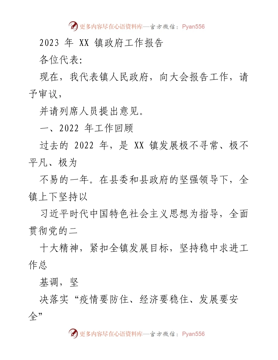 [工作报告] 镇政府大会 - 2023年XX镇政府工作总结报告_1.docx_第1页