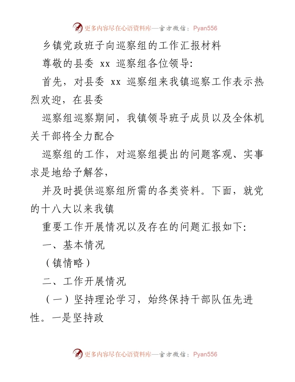 [工作汇报] 巡察工作 - 乡镇党政班子工作汇报材料.docx_第1页