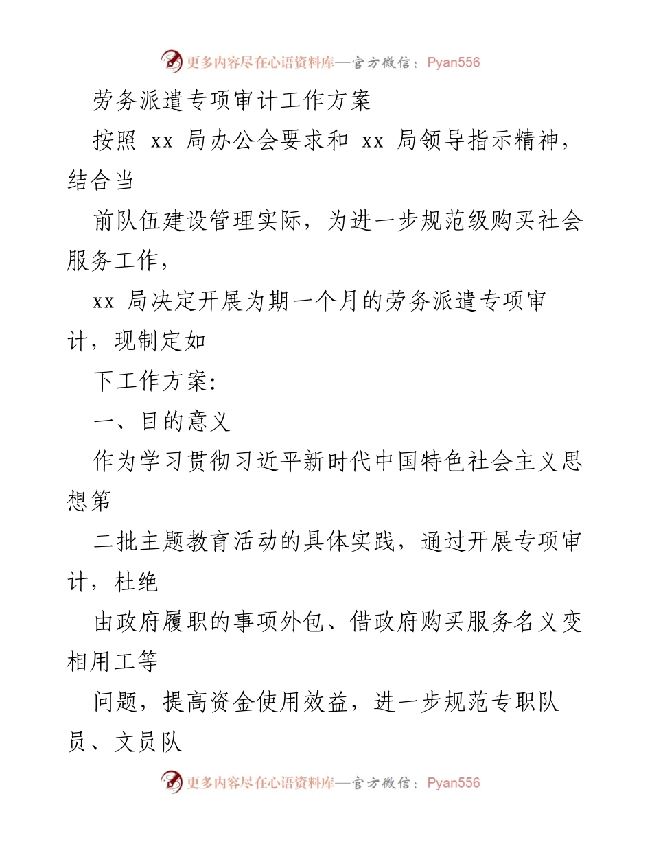 [工作方案] 劳务派遣专项审计 - 劳务派遣专项审计工作方案.docx_第1页