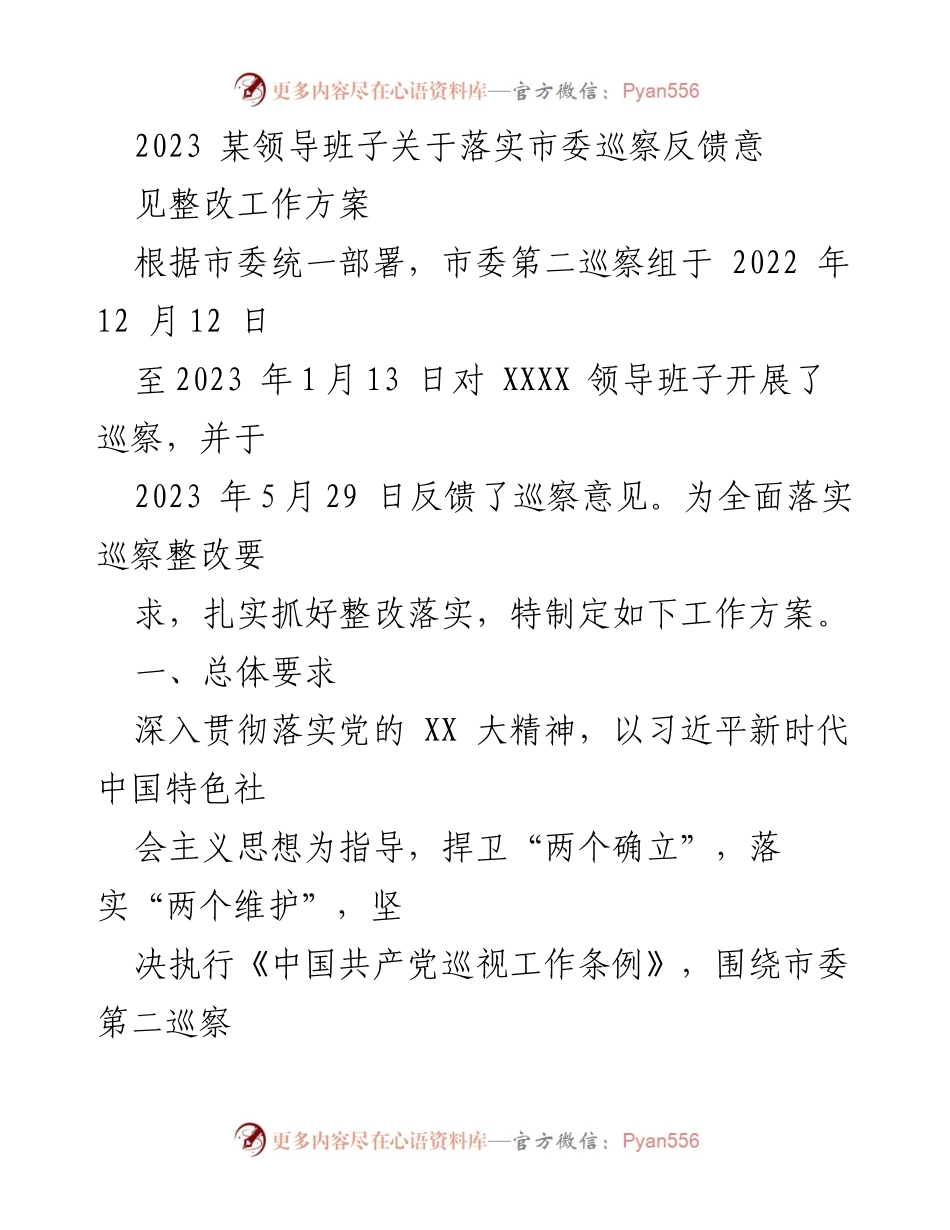 [工作方案] 巡察整改 - 2023年市委巡察反馈意见整改工作方案.docx_第1页