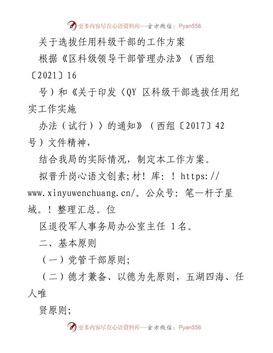 [工作方案] 科级干部选拔 - 科级干部选拔任用工作方案.docx_第1页