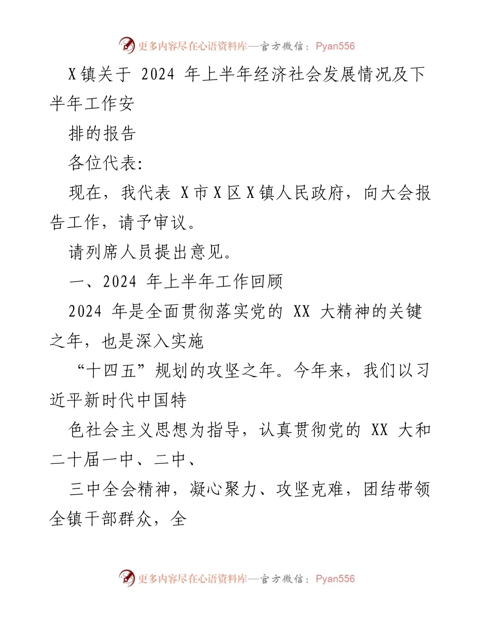 [工作报告] 镇政府会议 - X镇2024年上半年经济社会发展报告及下半年工作安排.docx_第1页