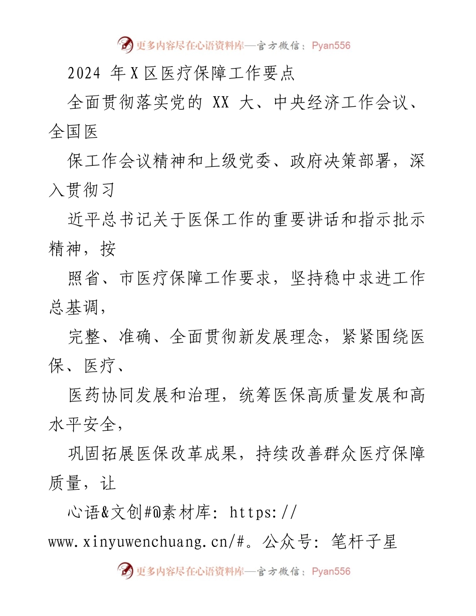 [工作要点] 医疗保障工作会议 - 2024年X区医疗保障工作要点概述.docx_第1页