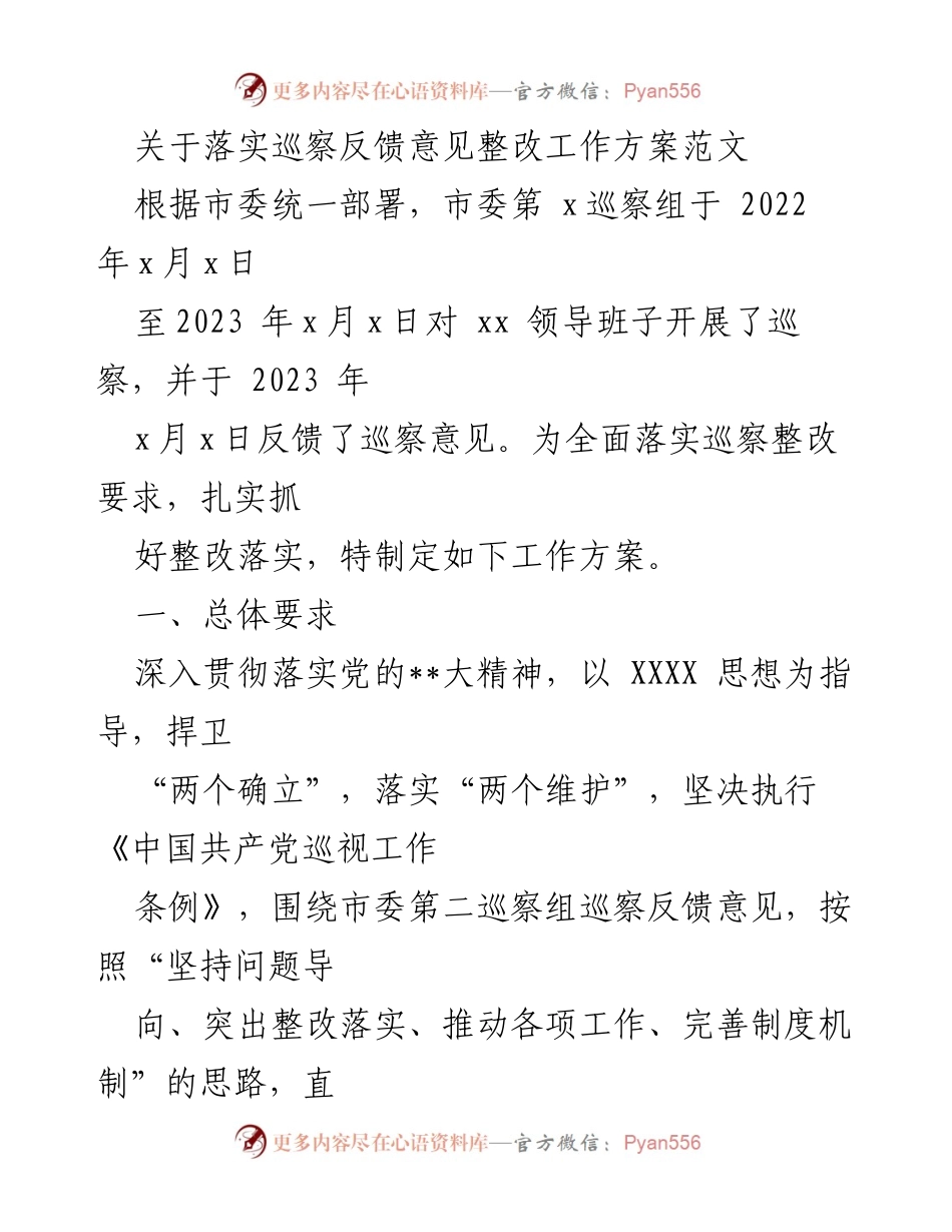 [工作方案] 巡察整改 - 落实巡察反馈意见整改工作方案.docx_第1页