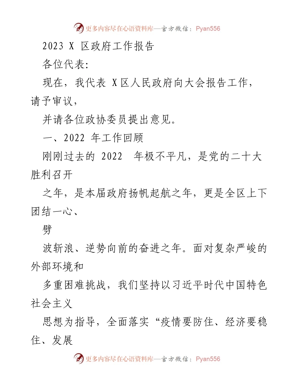 [工作报告] 政府大会 - 2023年X区政府工作总结报告_2.docx_第1页