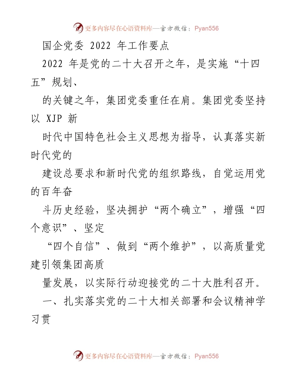 [工作要点] 国企党委 - 2022年国企党委工作要点与党的二十大精神贯彻落实.docx_第1页
