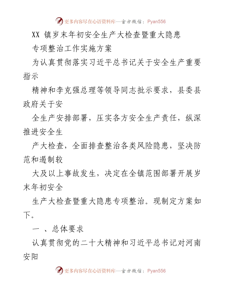 [工作方案] 安全生产大检查 - XX镇岁末年初安全生产大检查暨重大隐患专项整治实施方案.docx_第1页