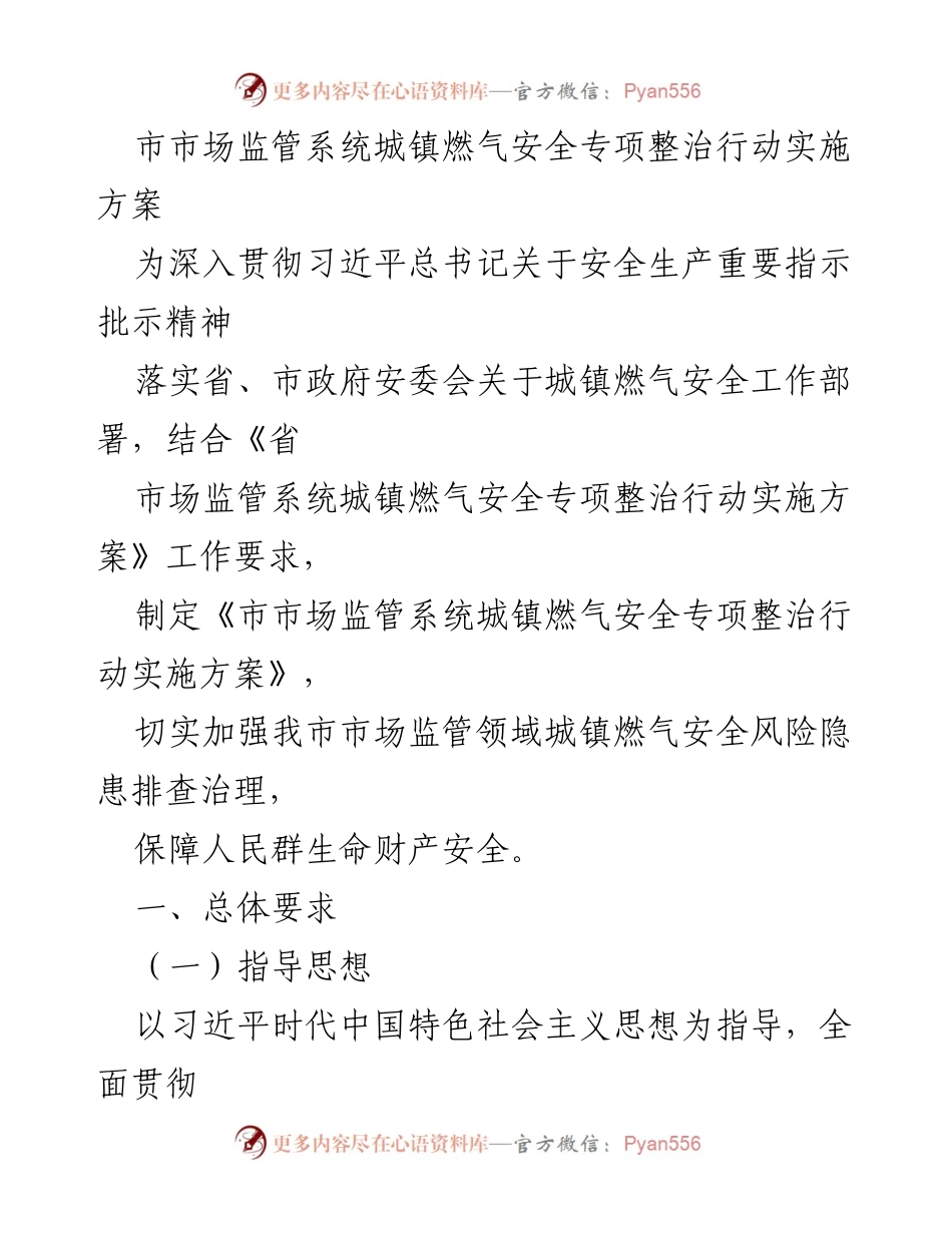 [工作方案] 市市场监管系统 - 城镇燃气安全专项整治行动实施方案_1.docx_第1页