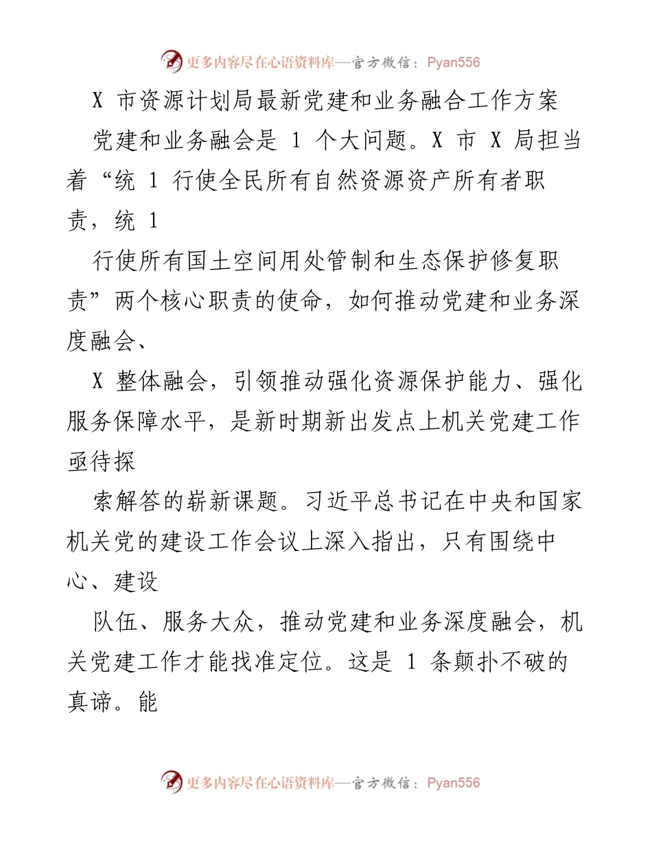 [工作方案] 党建与业务融合 - X市资源计划局党建与业务融合工作方案.docx_第1页