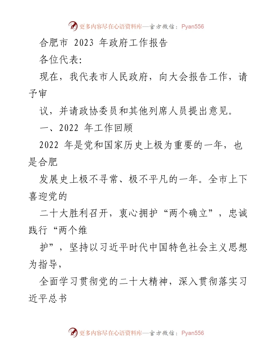 [工作报告] 政府会议 - 合肥市2023年政府工作报告总结与展望.docx_第1页