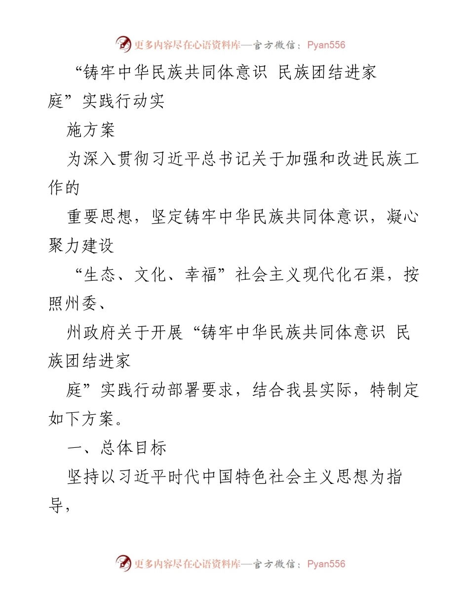 [工作方案] 实践行动 - “铸牢中华民族共同体意识，促进民族团结进家庭”实施方案.docx_第1页