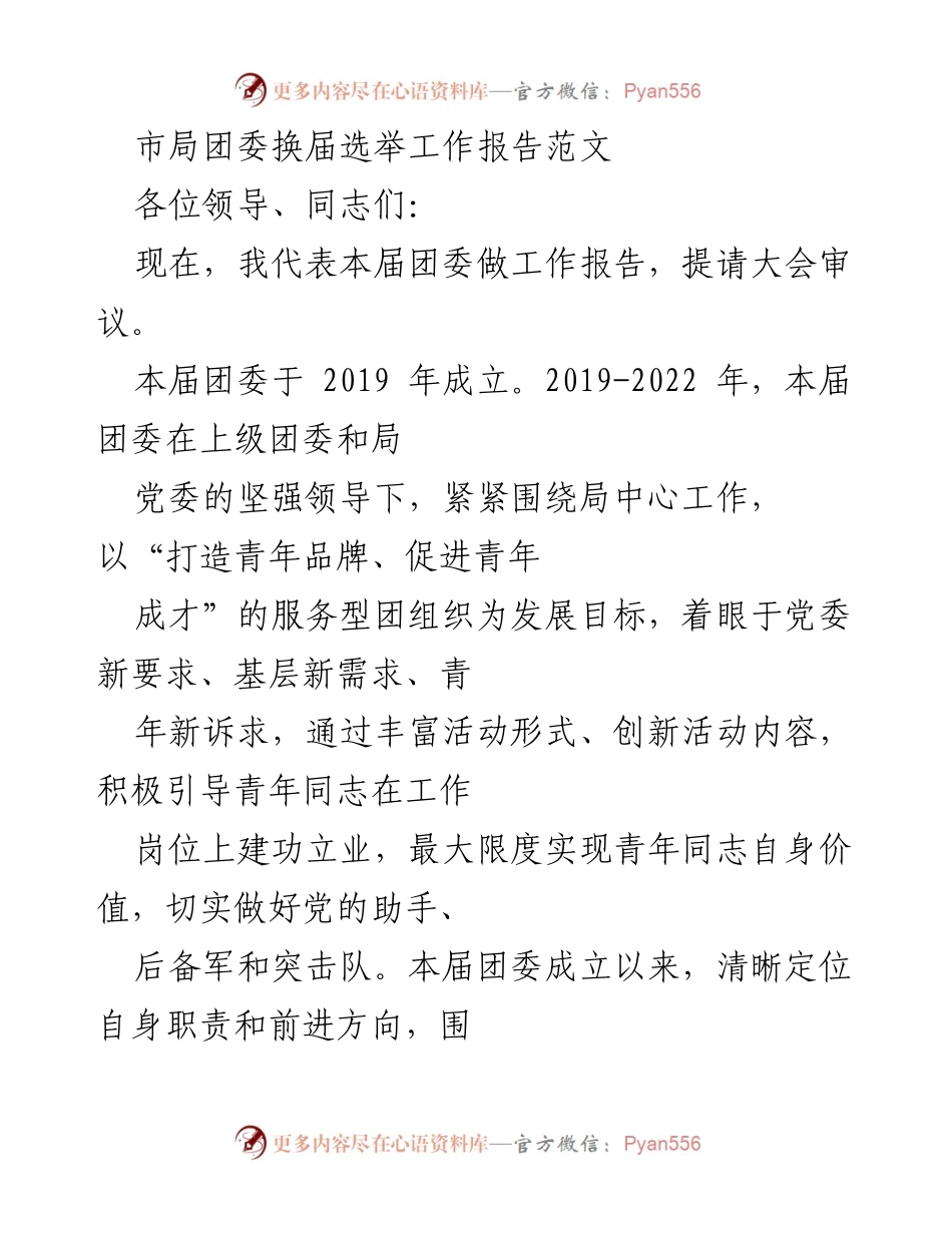[工作报告] 市局团委换届选举 - 团委工作总结与青年发展报告.docx_第1页