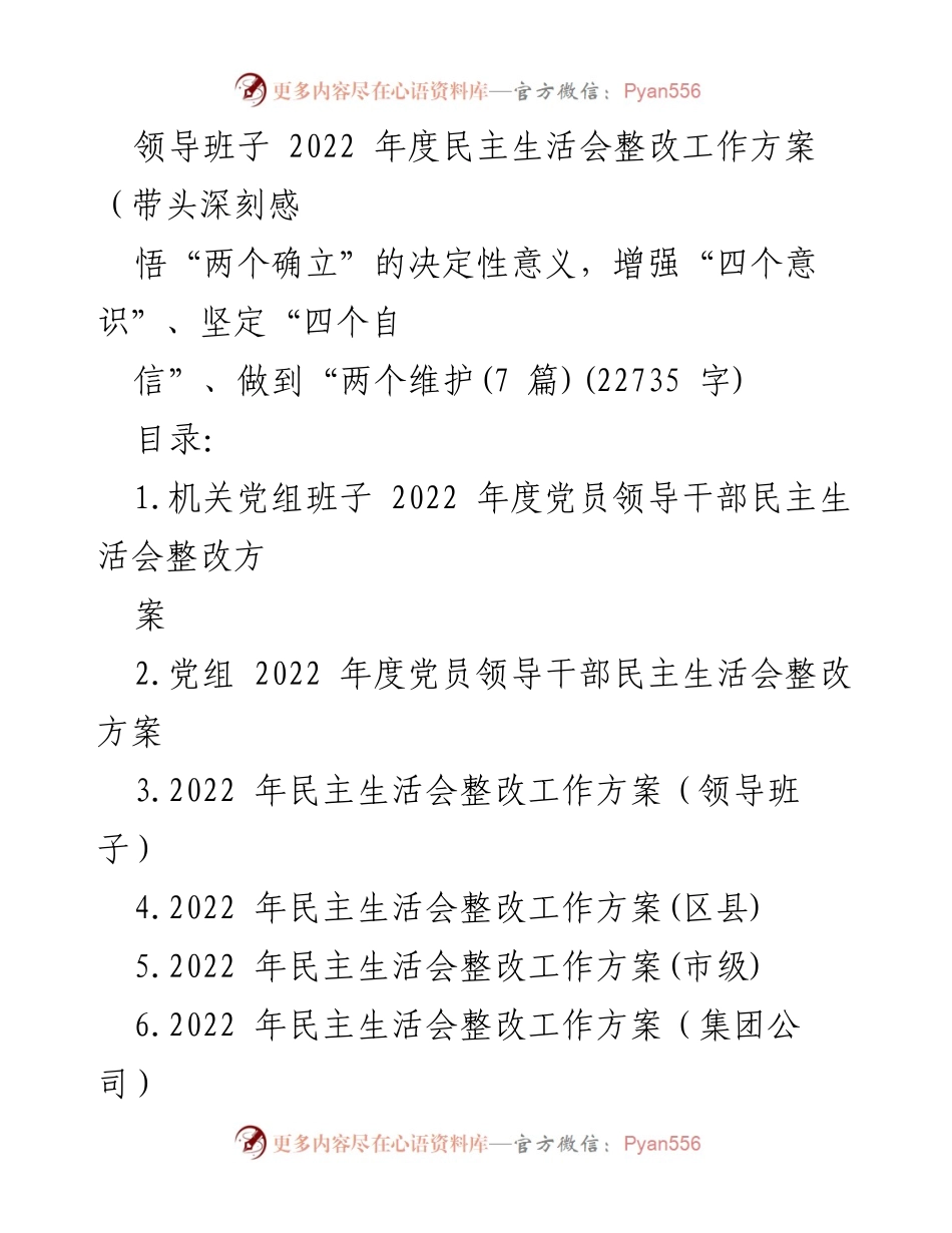 [工作方案] 领导班子 - 2022年度民主生活会整改工作方案.docx_第1页