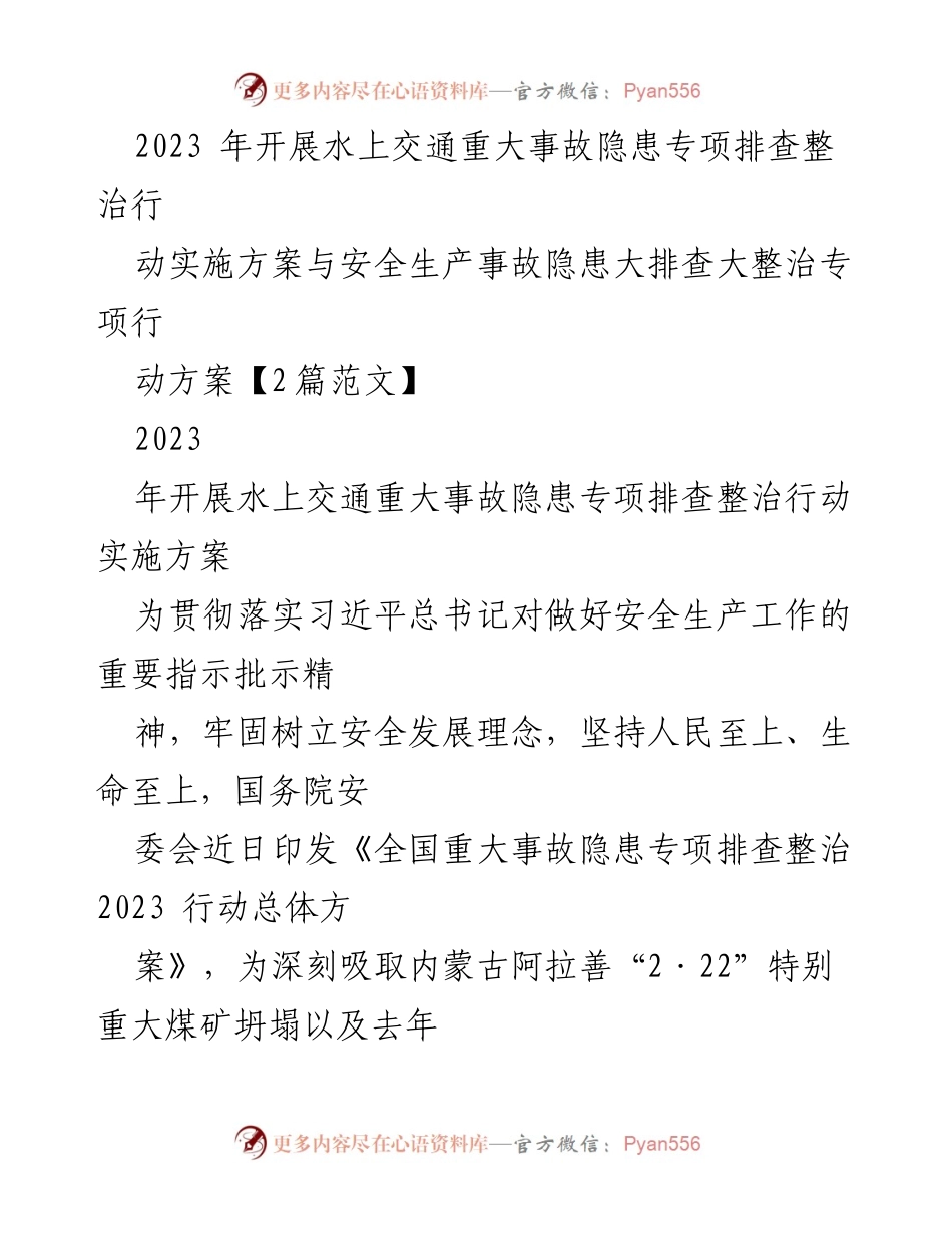 [工作方案] 安全生产会议 - 2023年水上交通重大事故隐患专项排查整治行动实施方案.docx_第1页