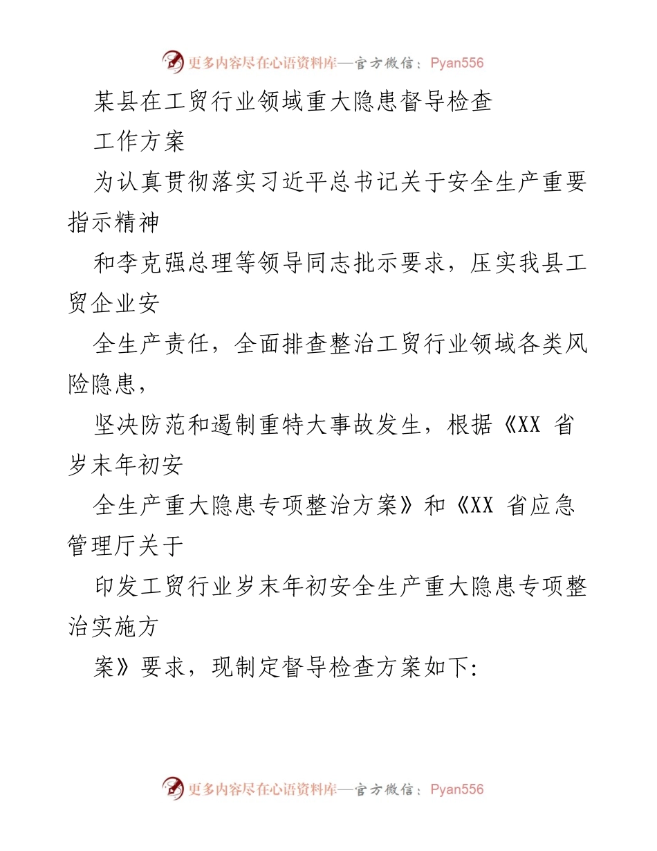 [工作方案] 安全生产督导检查 - 某县工贸行业安全隐患督导检查工作方案.docx_第1页