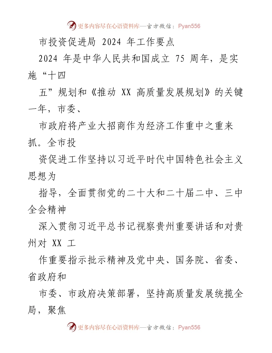 [工作要点] 2024年投资促进工作 - 市投资促进局2024年工作要点及招商策略.docx_第1页