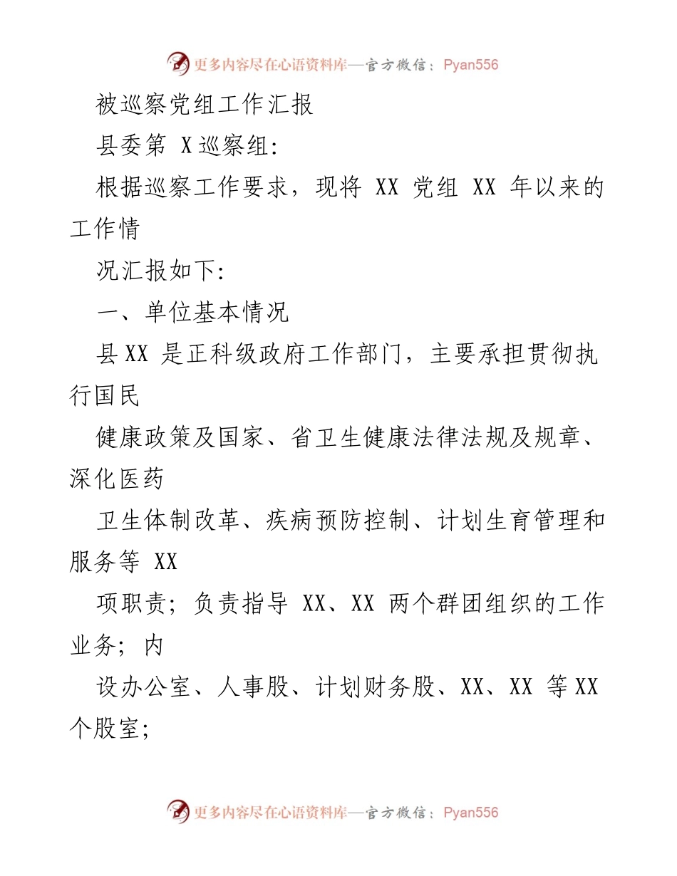 [工作汇报] 巡察工作 - XX 党组工作情况汇报.docx_第1页