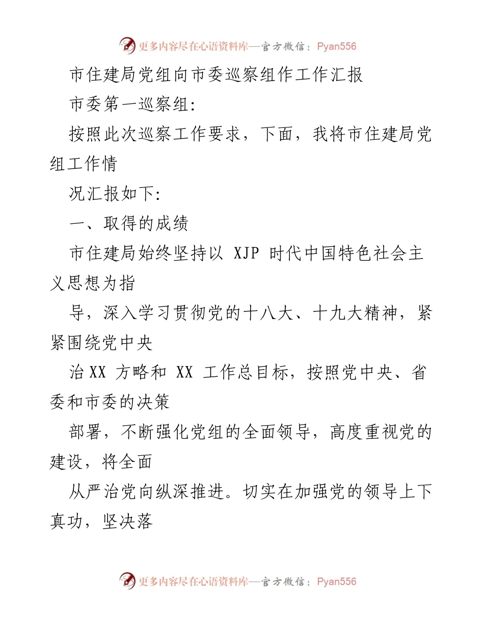 [工作汇报] 巡察工作 - 市住建局党组工作汇报及成绩分析.docx_第1页