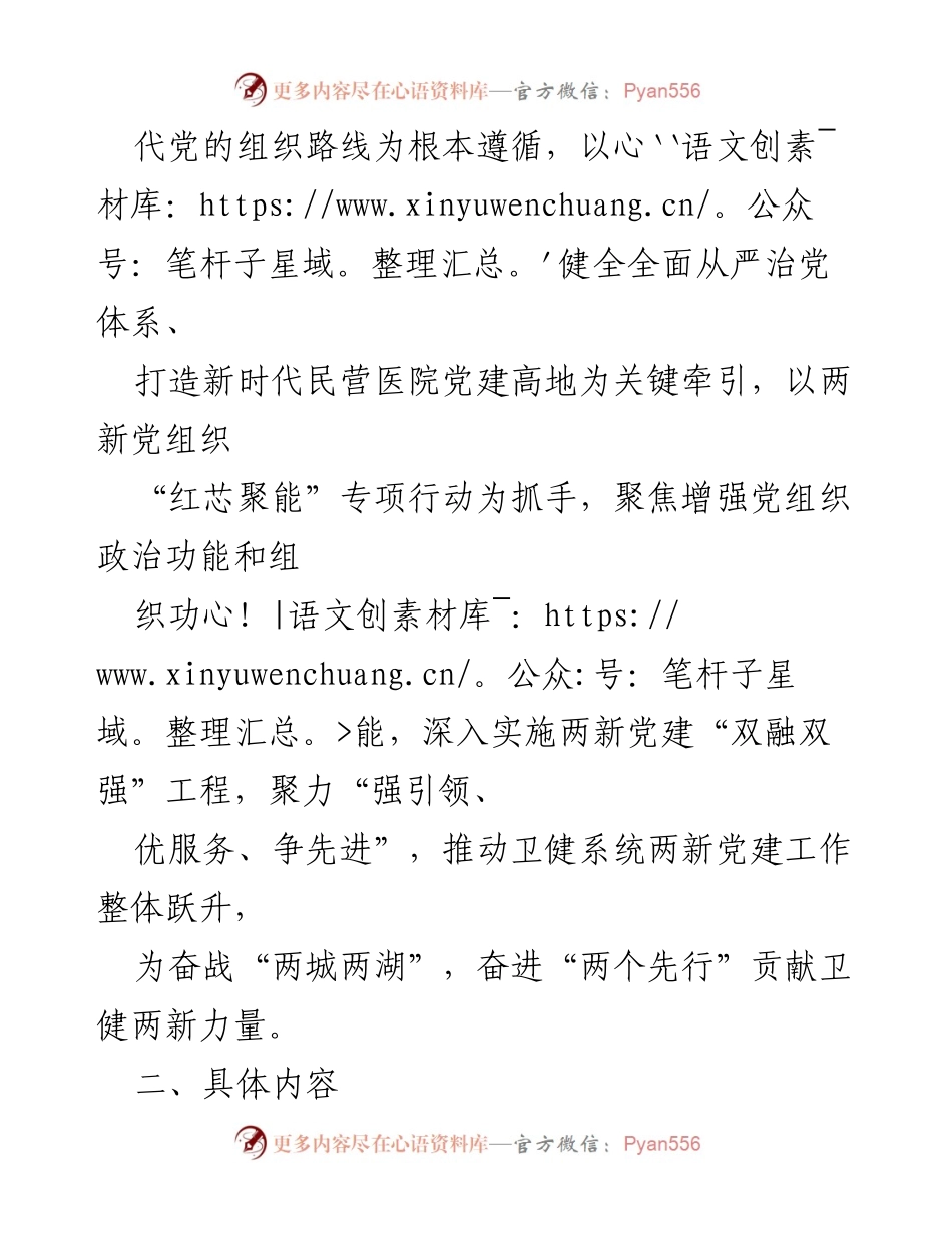 [工作方案] 党建工作会议 - 2023年XX市卫健系统“两新”组织党建工作方案.docx_第2页